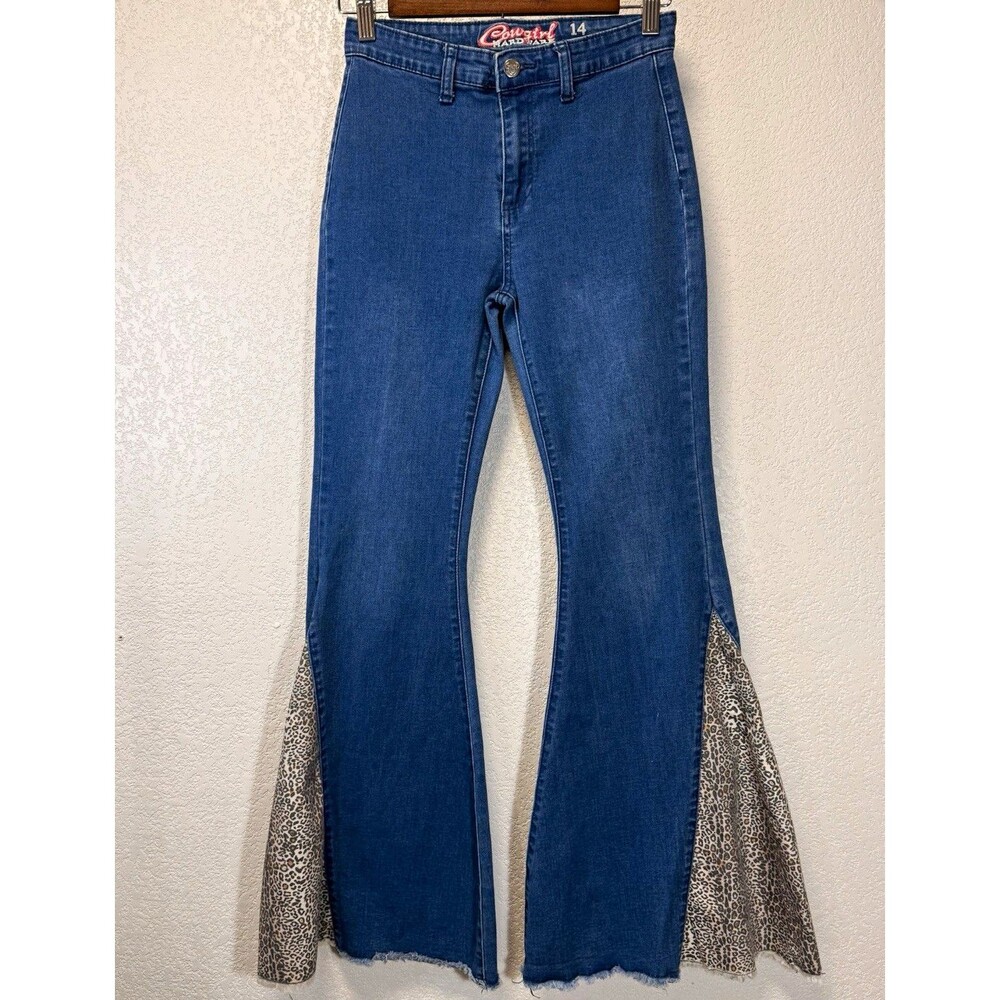 Cowgirl Hardware Girls 14 Flare Jeans Blue Denim Leopard Print Bell Bottoms